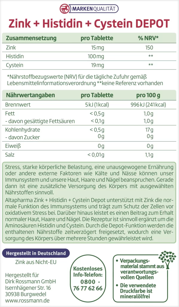 Altapharma Zink + Histidin + Cystein Depot Tabletten 4