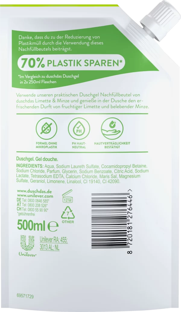 Duschdas Duschgel Limette & Minze Nachfüllbeutel 3