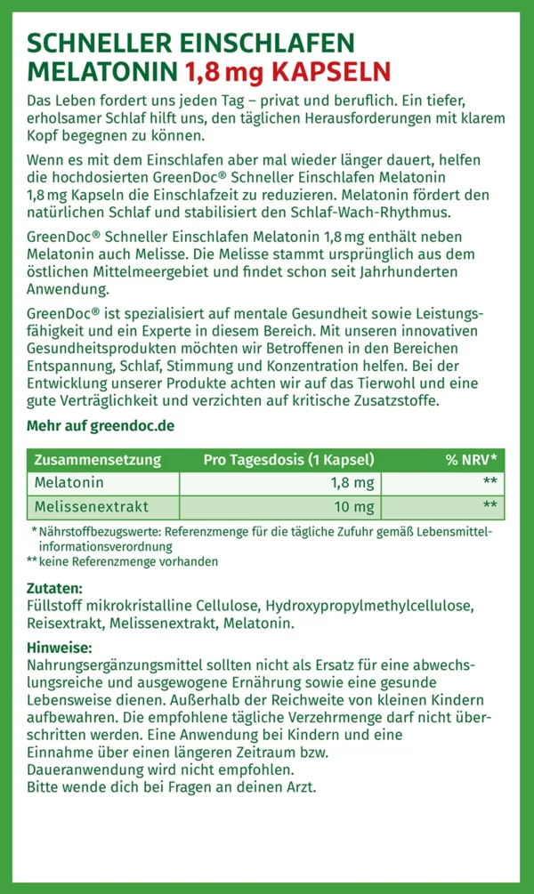 GreenDoc Schneller Einschlafen Stark Melatonin 1,8 Mg Kapseln 5